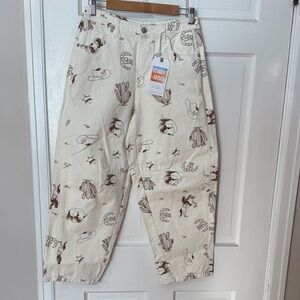 Cali 1850 NWT Western Print Jeans Womens 5 Cream Cowboy Cowgirl Barrel Leg Sz 5